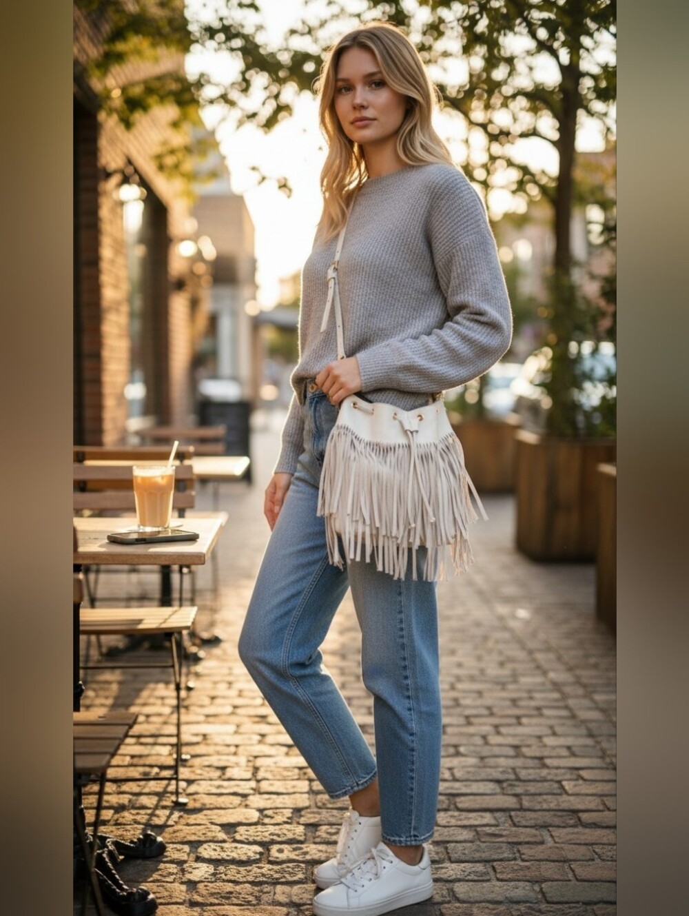 B-Low the Belt Light Taupe Fringed Leather Bucket Bag Crossbody Adjustable
